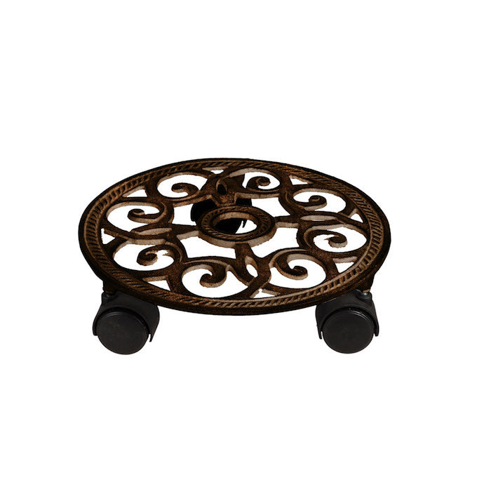  Plant Trolley W/Wheels Woven Scrolls Distressed Bronze Metal 11.5"H