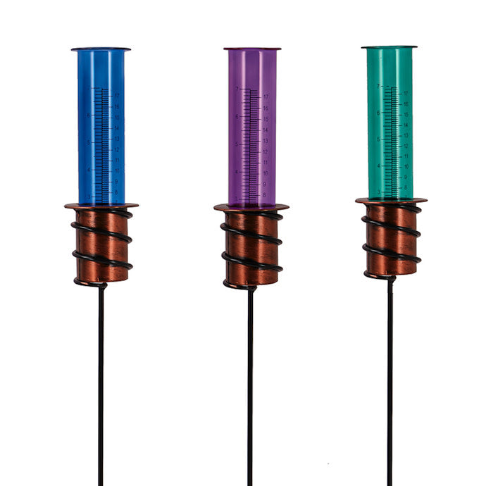  Rain Gauge/Garden Stake ColoredTube W/Spiral Base Glass/Metal 28"H (#7C)
