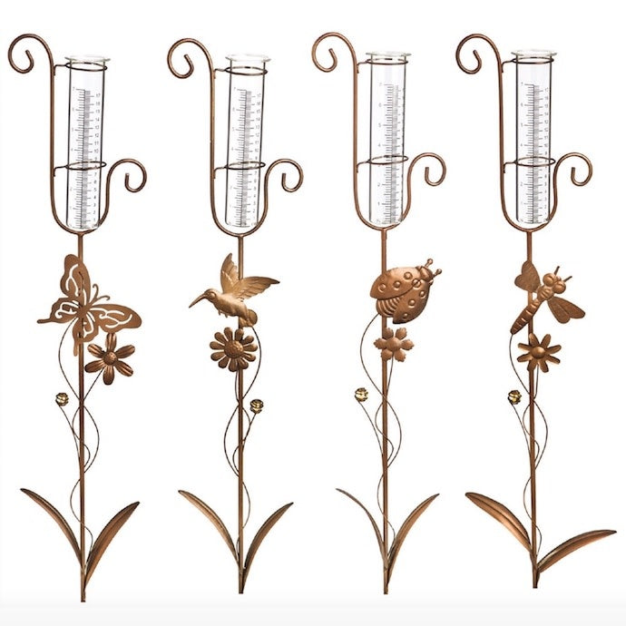  Rain Gauge Garden Stake Critter W/Flower Curl W/ Jewel Asst Designs 37.5"H (#7)