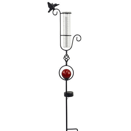  Rain Gauge Hummingbird W/Red Or Blue Orb Solar 8x3x35 (#7)