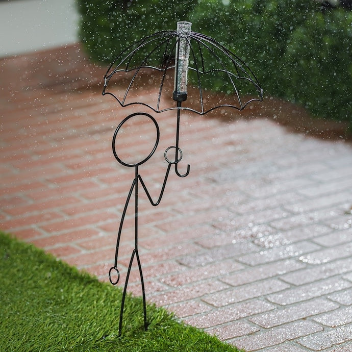  Rain Gauge Stake Little Man W/Umbrella 12.5x24 Metal
