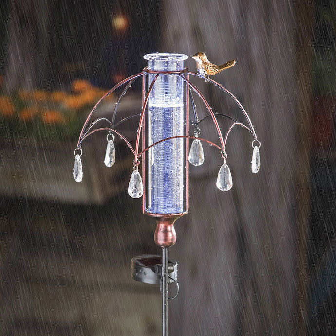  Rain Gauge Stake Solar Umbrella W/Bird Metal/Glass 9x36