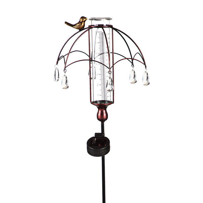  Rain Gauge Stake Solar Umbrella W/Bird Metal/Glass 9x36