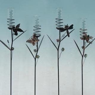  Rain Gauge Stake Spiral Hum Bird/Btrfly/Drgfly/Frog W/Leaf Asst Metal 33"h (#5)