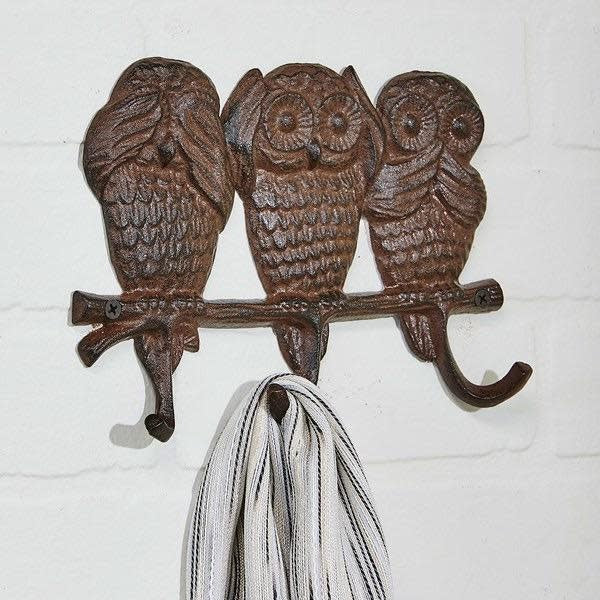  Wall Hook 3-Owl Design See/Hear/Speak No Evil 8x5 Cast Iron