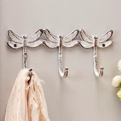  Wall Hook Distressed Dragonfly 3-Hook 12x5x2 Cast Iron
